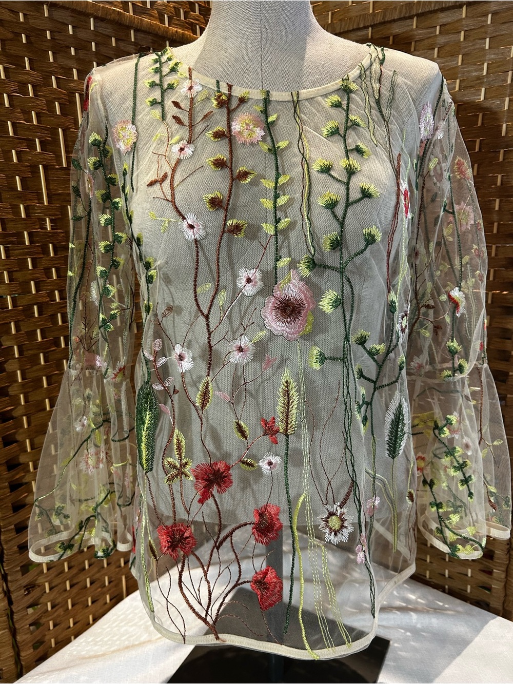 ADIVA Sheer Floral Embroidered Mesh Blouse Romantic Cottagecore Top S